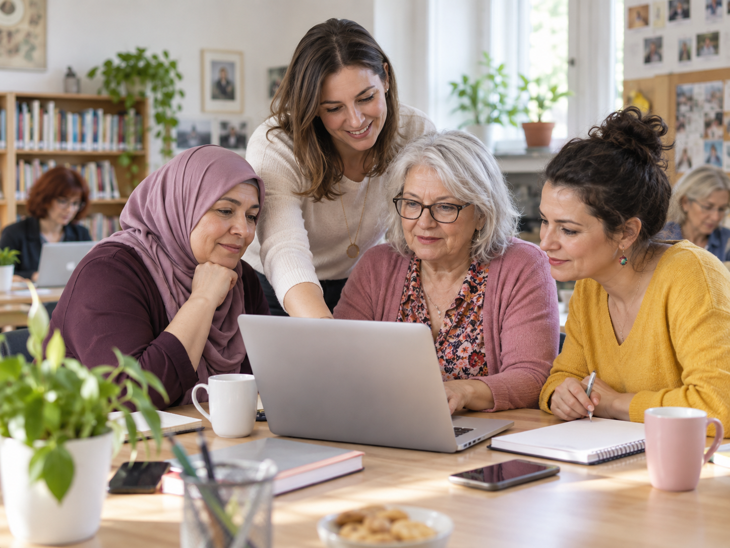 Women working together on digital skills in a workshop